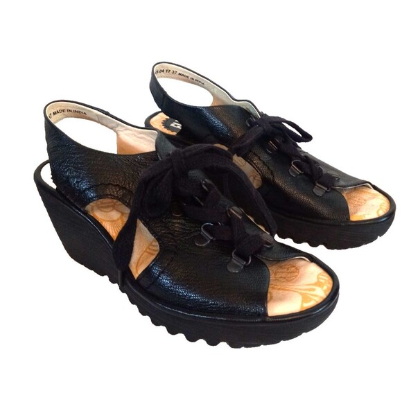 Fly London Womens YLVA Black Wedge Peep Toe  Tie Sandals Shoes Size 37 US 6.5 - Picture 1 of 5